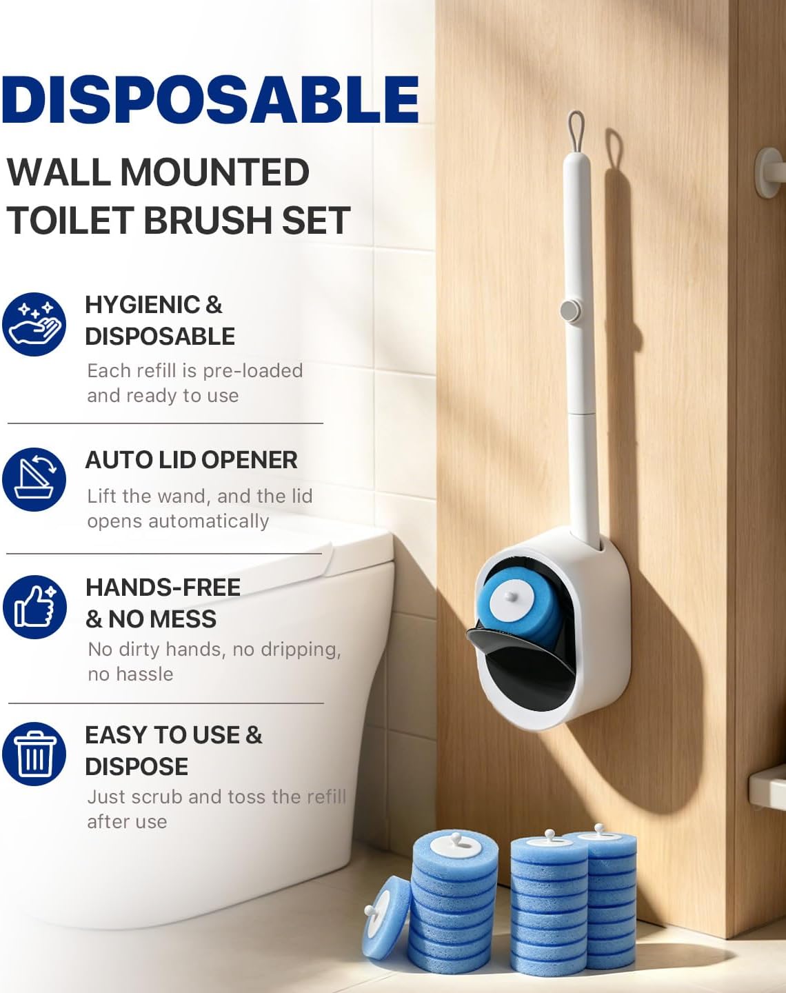 SOPAMI Disposable Toilet Brush and Holder Set with 16 Refills for Bathroom | Disposable Toilet Cleaning System,Toilet Wand Kit,Wall-Mounted or Floor-Standing Holder Toilet Cleaning Stick Touch Free