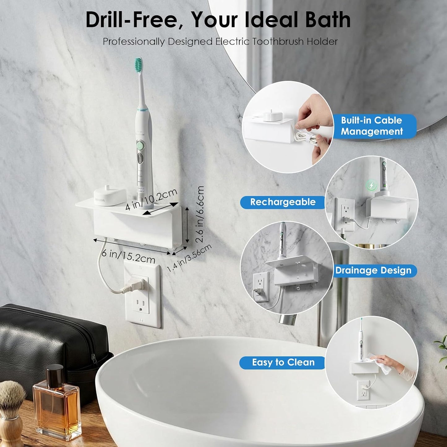 OAPRIRE Electric Toothbrush Holder for Bathroom, Acrylic Electric Toothbrush Holder Wall Mounted Come with Cable Organizer, Saving Space and Convenient Charging - White