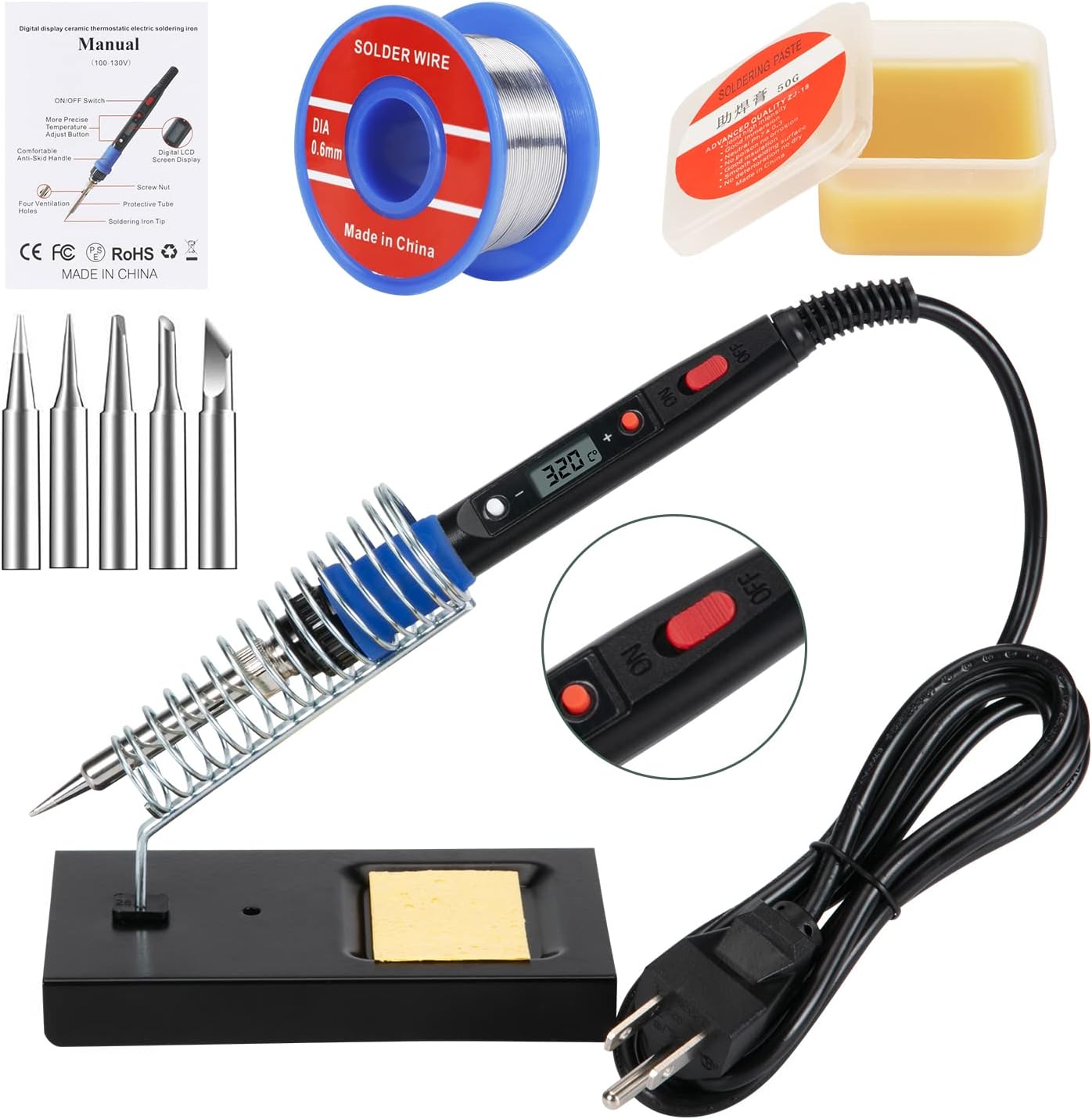Soldering Iron Kit, 80W 110V LCD Digital Solder Iron Pen with Ceramic Heater, Portable Welding Tools with 5pcs Tips, Stand, Solders Wire, Sponge, Paste, for Metal,Electric Repairs, DIY
