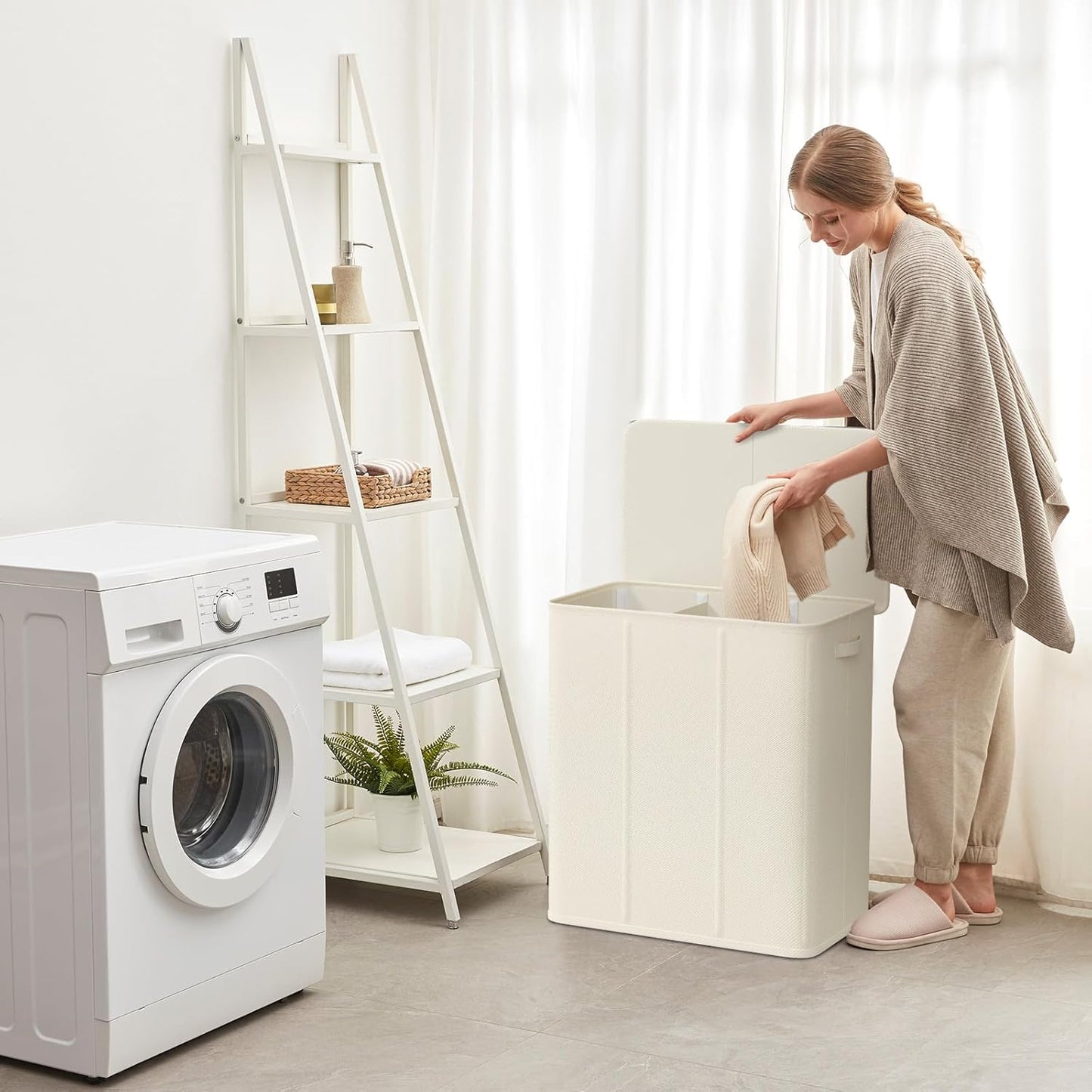 Lifewit Double Laundry Hamper with Lid and Removable Laundry Bags, Large Collapsible 2 Dividers Dirty Clothes Basket with Handles for Bedroom Laundry Room Closet Bathroom College, 136L Beige