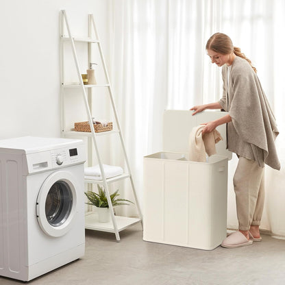 Lifewit Double Laundry Hamper with Lid and Removable Laundry Bags, Large Collapsible 2 Dividers Dirty Clothes Basket with Handles for Bedroom Laundry Room Closet Bathroom College, 136L Beige