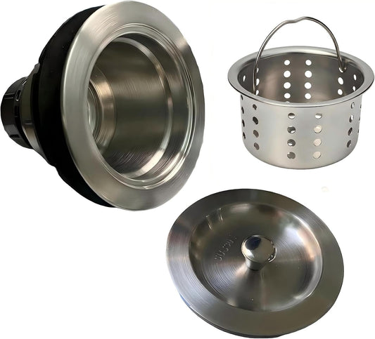 Kitchen Sink Drain Strainer Assembly, 3-1/2 Inch 304 Stainless Steel Sink Drain Kit with Deep Removable Basket, Stopper & Sealing Lid, Fits Standard Kitchen Sinks, Prevents Clogs，Brushed Color