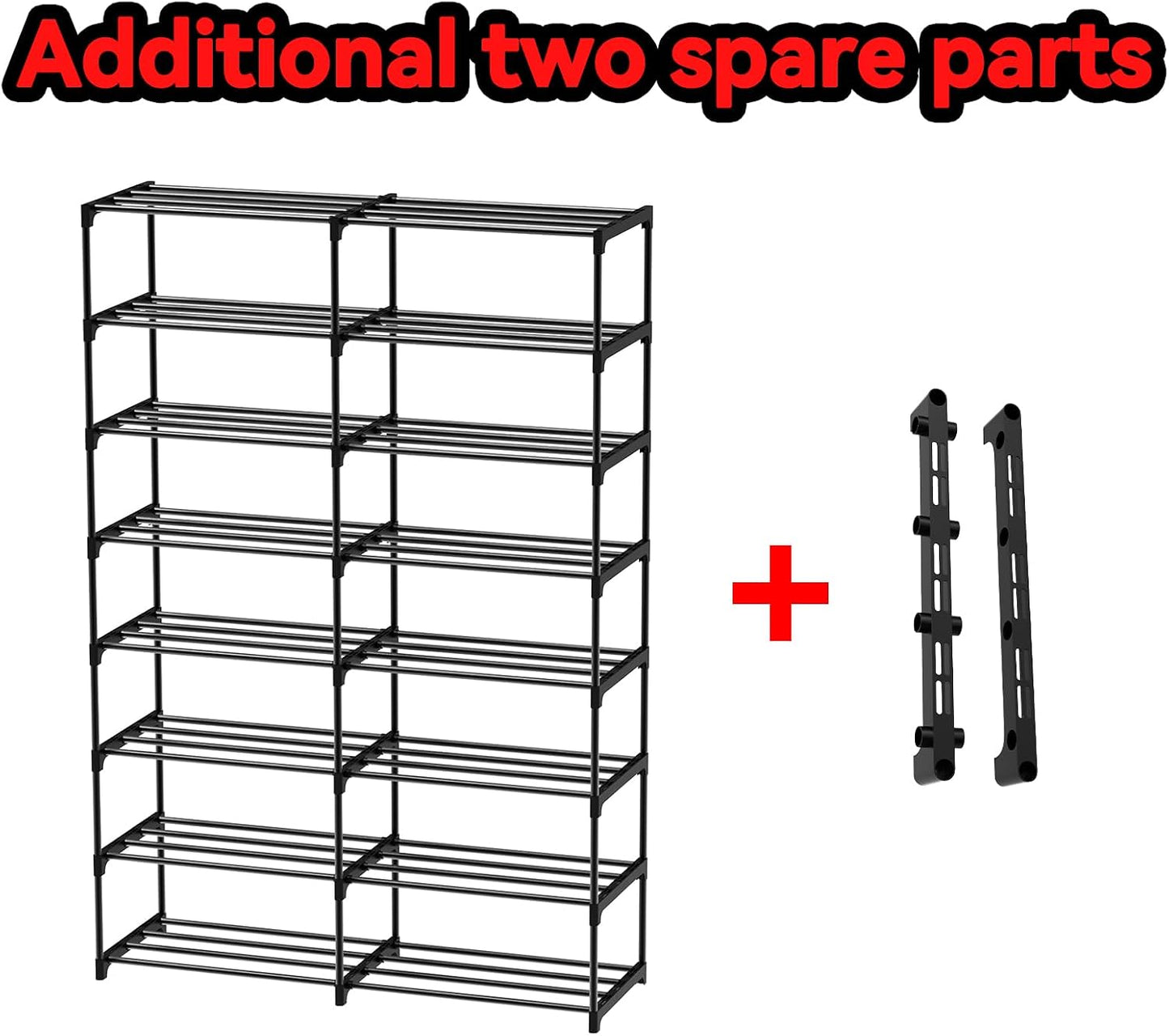 3 Row 4 Tier Long Shoe Rack, Black Metal Stackable Shoe Shelf with Multifunctional Hooks, Shoe Storage Hold 24-30 Pairs, Space Saving Shoe Organizer for Closet,Wide Shoe Rack