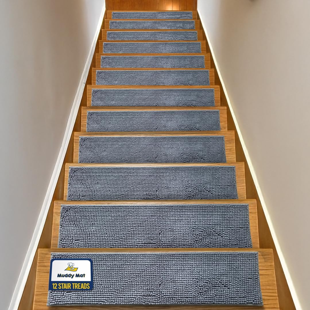 Muddy Mat® Pack of 4 - Soft Chenille Stair Treads Non-Slip Reusable, Super Absorbent Stair Treads for Wooden Steps, Tile & Marble Floor, Easy to Install & Machine Washable - Brown 30'' x 7''