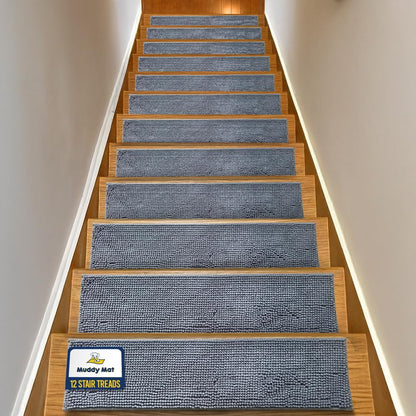 Muddy Mat® Pack of 4 - Soft Chenille Stair Treads Non-Slip Reusable, Super Absorbent Stair Treads for Wooden Steps, Tile & Marble Floor, Easy to Install & Machine Washable - Brown 30'' x 7''