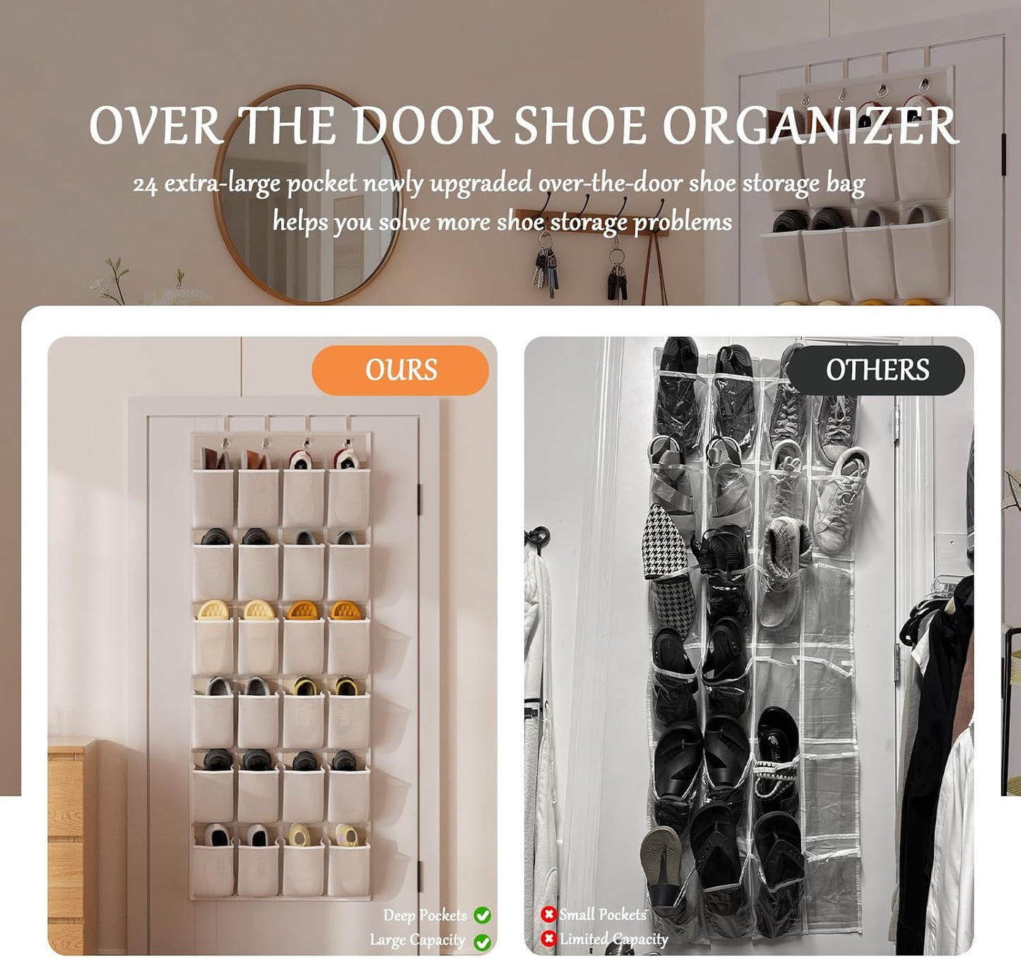homyfort Over the Door Shoe Organizer, Hanging Shoe Rack Storage Holder with 24 Large Pockets for Closet Door, Men Women Kids Shoes, Cruise (Black)