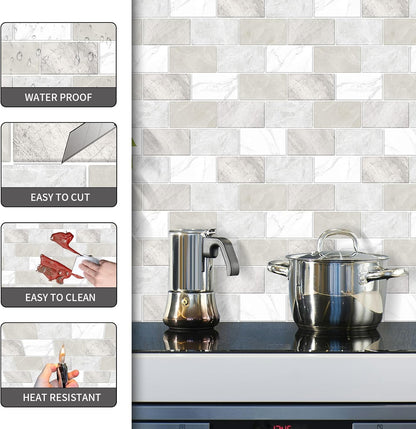 10 Sheets Peel and Stick Backsplash for Kitchen 12"X12" Renter Friendly Backsplash Back Splash Adhesive Subway Wall for Bathroom Tile Sticker Off-White Marble （Not 3D Tile