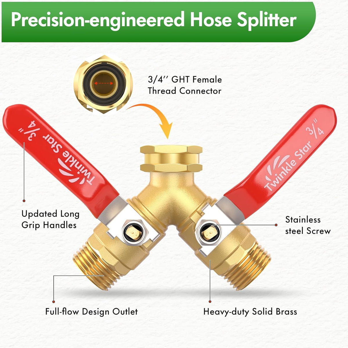 Twinke Star 2 Way Heavy Duty Brass Garden Hose Splitter | Long Handle, 3/4 Inch GHT Thread, Y Connector, Upgraded