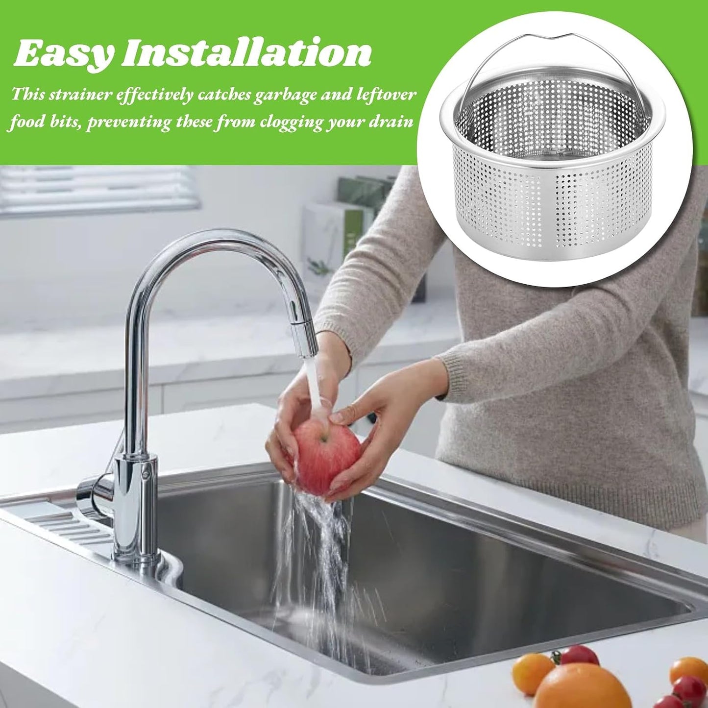 2 Pack Sink Strainer Basket, Stainless Steel Sink Drain with Handle Kitchen Drain Basket 3in Outer Diameter Kitchen Utensils for Restaurant Home