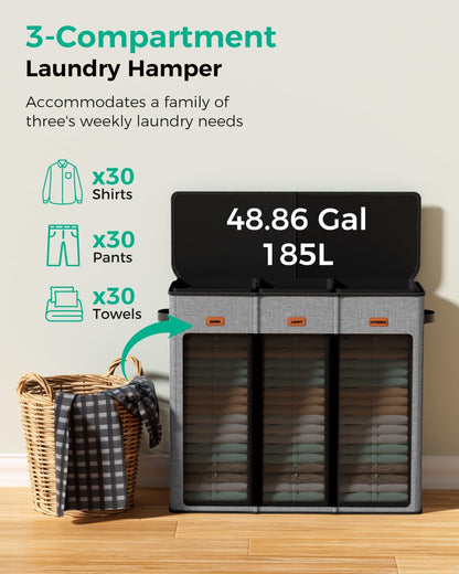 185L Laundry Hamper 3 Section with Lid & Removable Bags | Collapsible laundry basket organizer for laundry room, bedroom & dorm with 3 removable washing bags