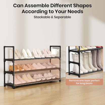 VILICK 5 Tier Shoe Rack with Hook and Side Pocket,Shoe Organizer Space Saver Storage for 20-25 Pair Shoe Storage Shelf Sturdy Free Standing Long Shoe Rack Organizer for Closet,Entryway,Small Spaces