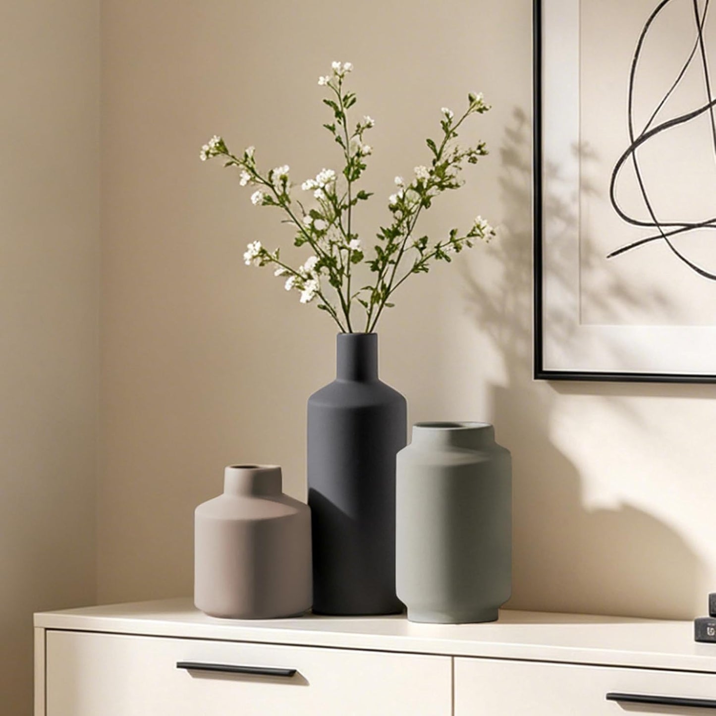 Ceramic Vase Set of 3, Modern Decorative Vases for Home Decor, Small Flower Pottery Vase Sets, Boho Farmhouse Rustic Vases for Living Room, Kitchen, Bedroom, Bathroom, Shelf, Table
