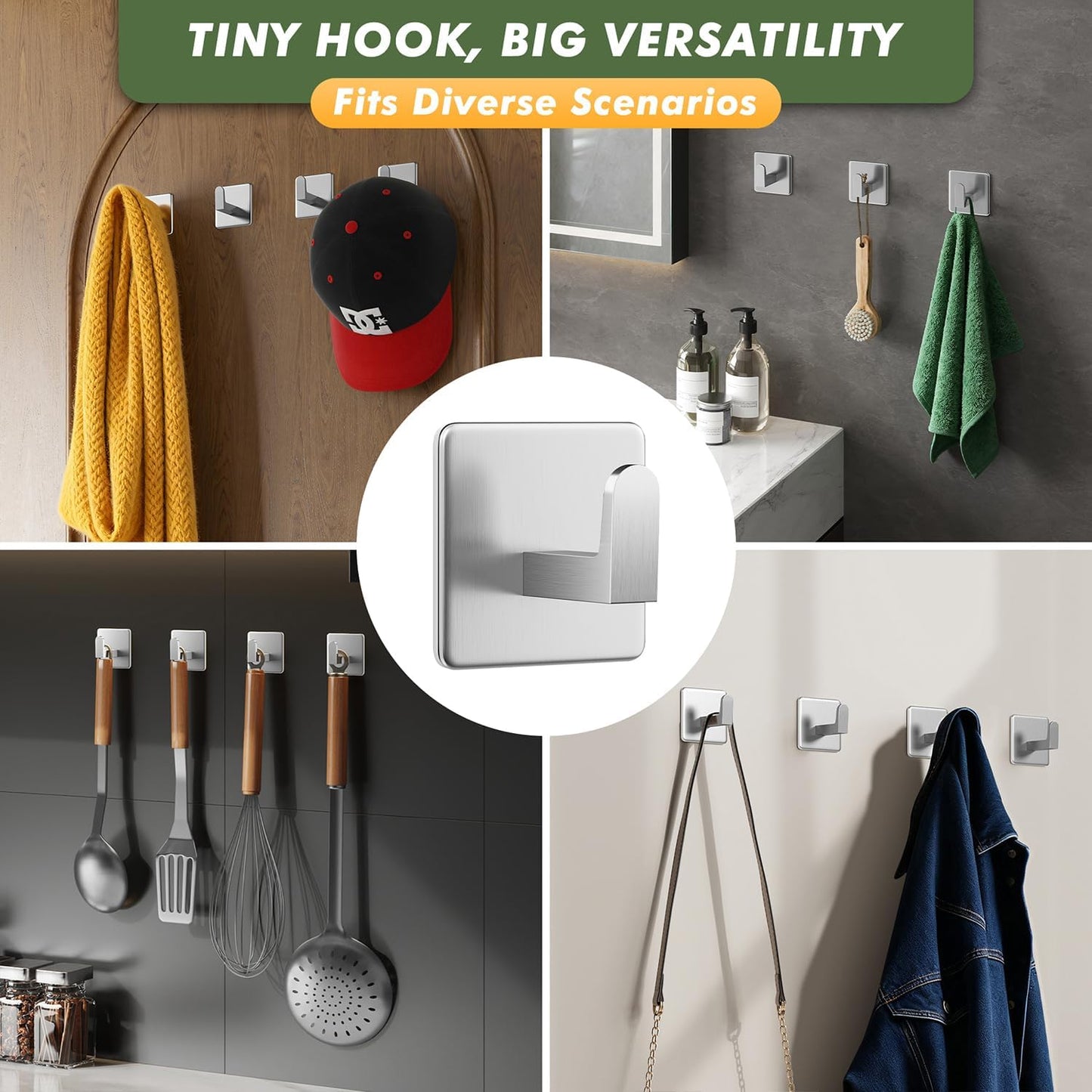 Auxmir Adhesive Towel Hooks, 5 Pack Heavy Duty Wall Hooks 15lb Max, No Drilling Sticky Hooks for Bathroom Shower Kitchen, Waterproof Rustproof Stainless Steel Hooks for Towels, Robes, Coats, Silver