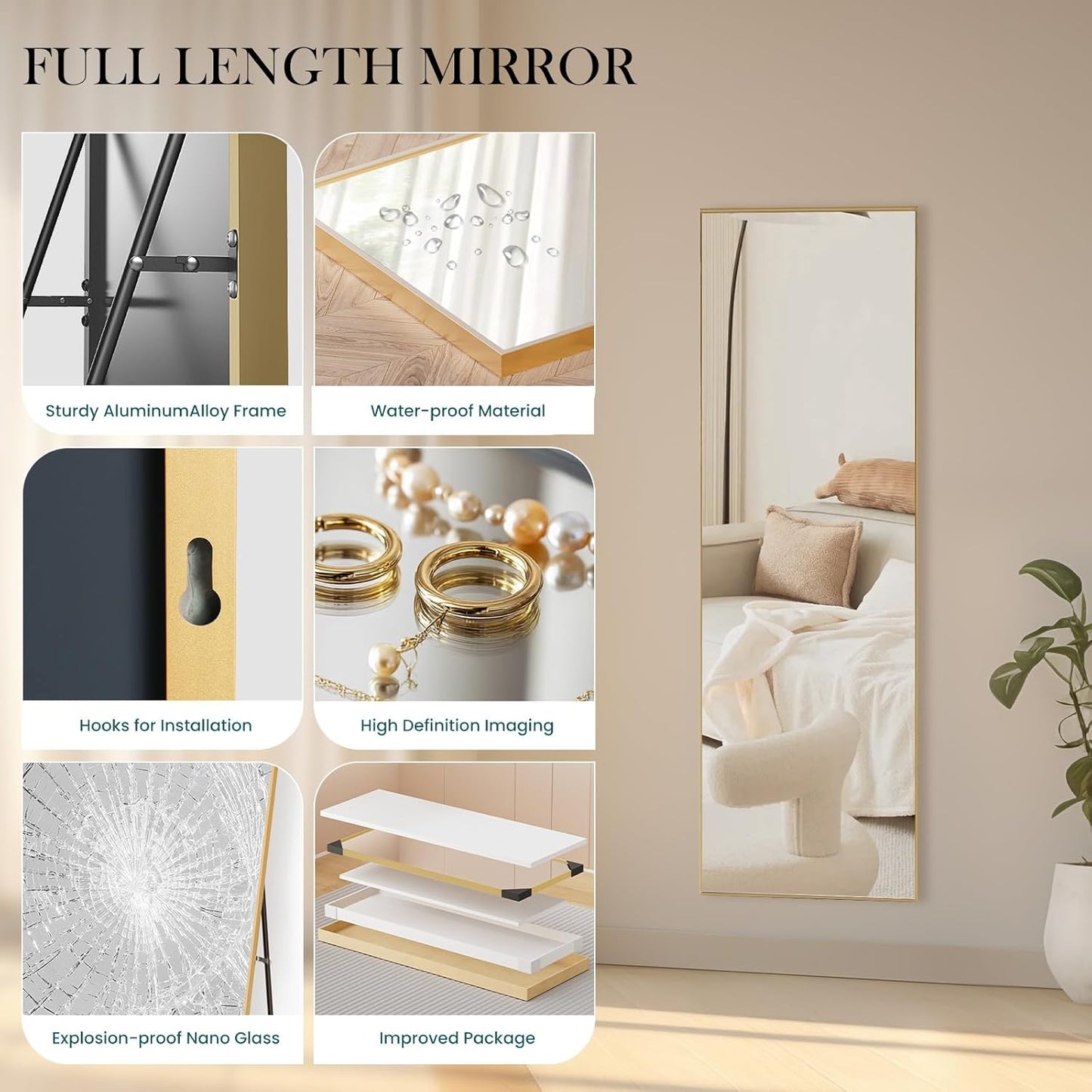 DUMOS 64"x21" Full Length Mirror, Full Body Mirror, Black | Aluminum Alloy Thin Frame, Leaning or Hanging, Suitable for Bedroom, Livingroom, Cloakroom