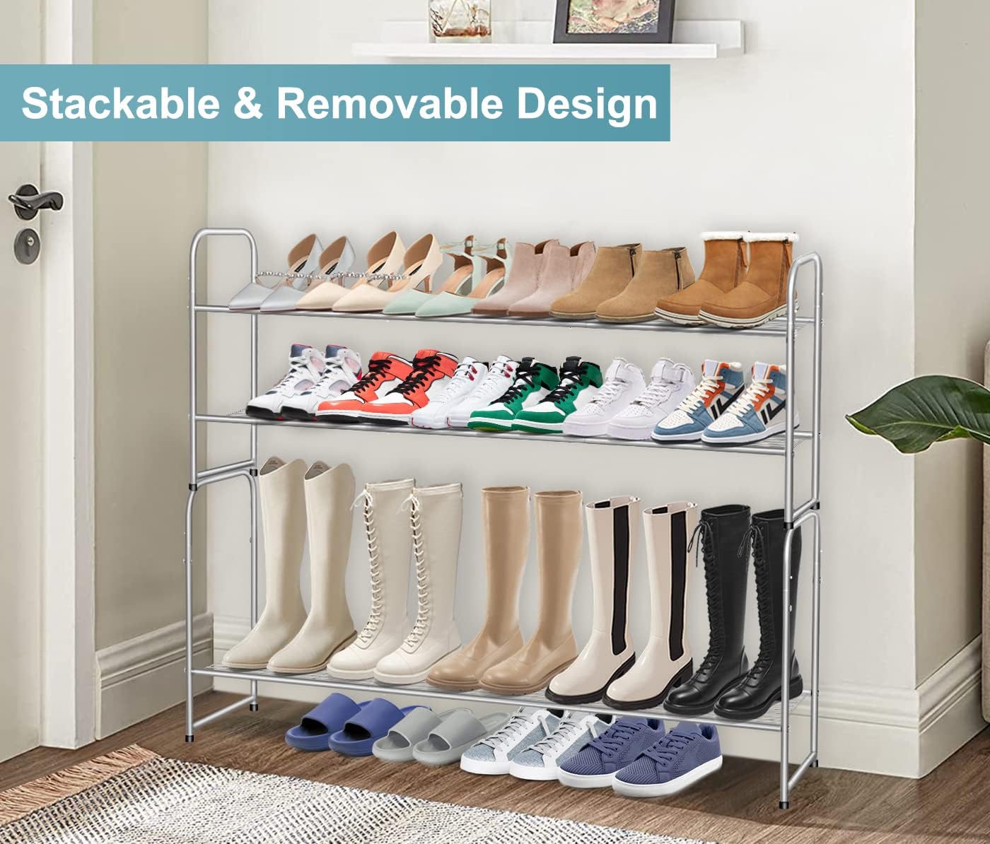 AOODA Long 3 Tier Metal Shoe Rack for Closet Wide Stackable Shoe Storage Organizer for Entryway, Bedroom, Floor, 24-Pairs Men Sneakers Shoe Shelf with Wire Grid, Black
