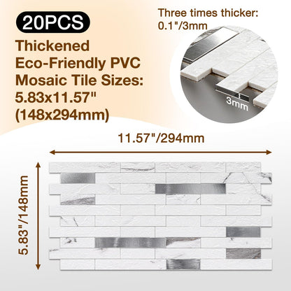 Peel and Stick Backsplash Tile Waterproof Removable PVC Wall Sticker 3D Faux Stone Marble Brick White Accent Panels (White Marble - Metal Silver, 20 Tiles - 9 sq. ft. (0.84 M²))