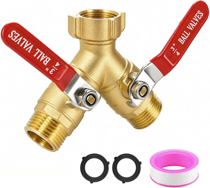 Garden Hose Splitter 2 Way, Heavy Duty Brass Full Flow Y Valve, 3/4" GHT | Solid Brass Construction with Leak-Proof Washers, Long Metal Handles for Watering, Sprinklers, RVs and Car Washing.