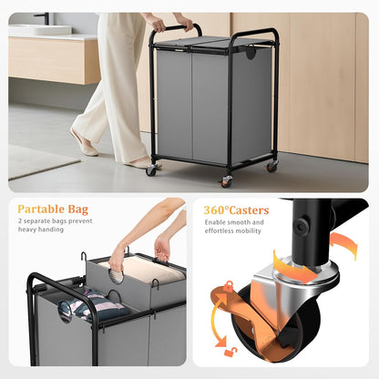 180L (47.55 Gal) Laundry Sorter 3 Section, Rolling Laundry Basket with Lockable Wheels and Lid, Laundry Hamper with 3 Separated Removable Bags Dirty Clothes Hamper for Laundry Room Organizer, Black