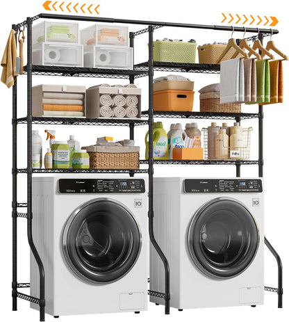 ONBRILL Expandable Over Washer and Dryer Shelves, 6 Tiers Laundry Room Organization and Storage with 2 Hanger Rods, 4 Hooks, Adjustable Height Metal Freestanding Clothes Drying Rack, Black