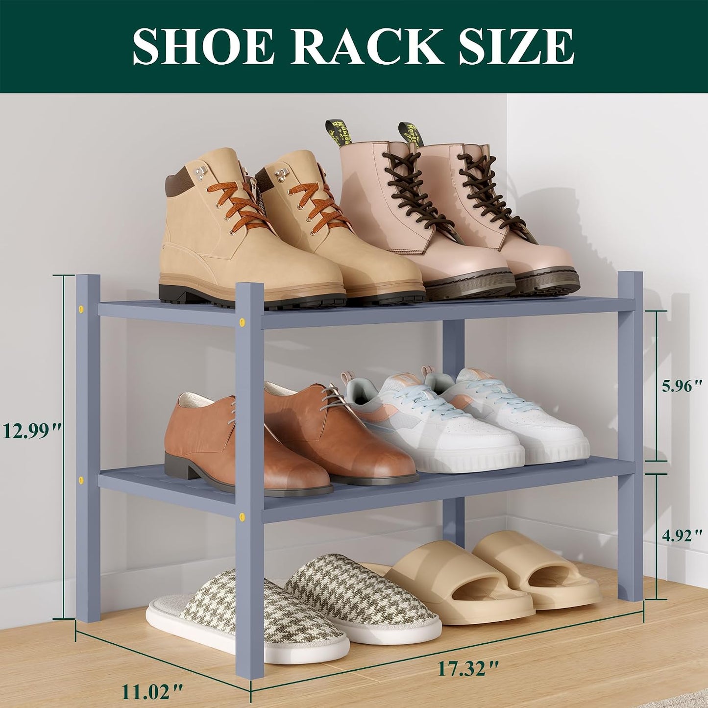Smiry Bamboo Shoe Rack, 3 Tier Free Standing Wooden Shoe Organizer, Stackable Wood Shoe Storage Shelf for Closet, Entryway, 5 Horizontal Slats, 26.8"x11"x18.3", Natural