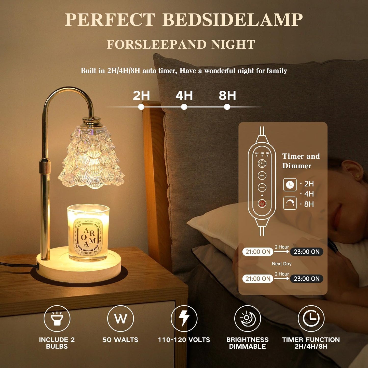 Fragrance Candle Warmer Lamp with 2 Bulbs Electric Candle Warmer with Timer & Dimmer for Home Decor