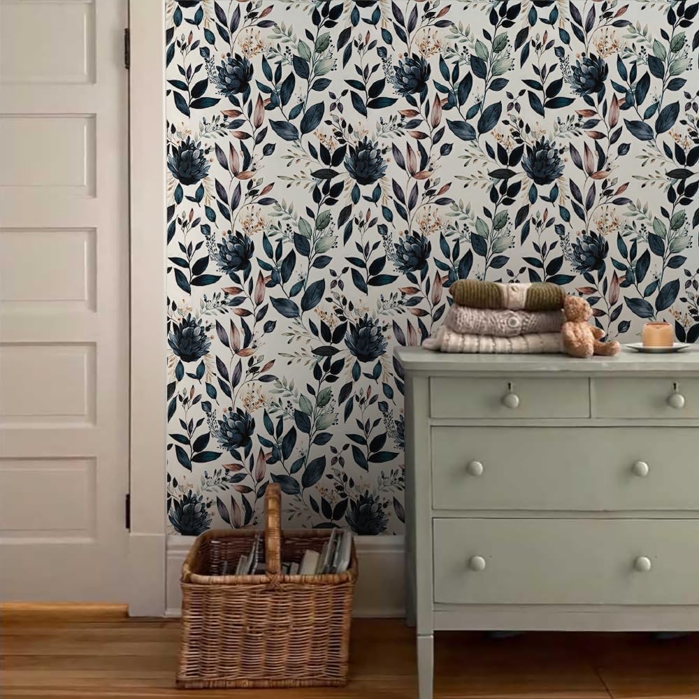MuralPeel Dark Blue/Yellow Leaf Floral Peel and Stick Wallpaper Vintage Easy Peel Off Self Adhesive Removable Stick on Wall Paper for Kitchen Cabinet Renter Friendly