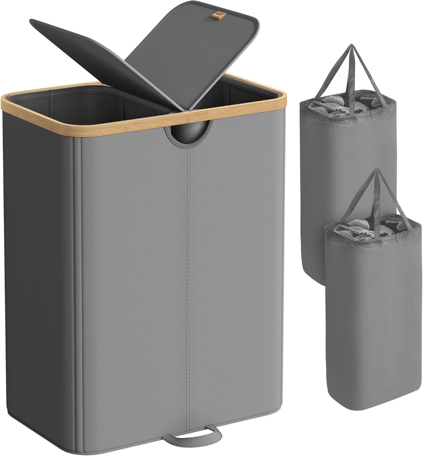 SONGMICS Laundry Hamper, Laundry Sorter with Lid, Storage Basket Bin, Removable Liners, Bamboo Frame, for Bedroom, 3 Sections, 44.9 Gal. (170 L), Ink Black ULCB533BH01