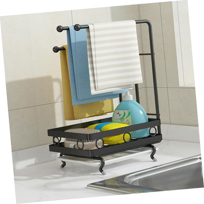 SOLUSTRE Dual-Purpose Wall-Mounted Sponge Rack Black 3-Rod Dishcloth Holder Kitchen Draining Rack for Sponge and Rags Space-Saving Design for Cleaning Supplies
