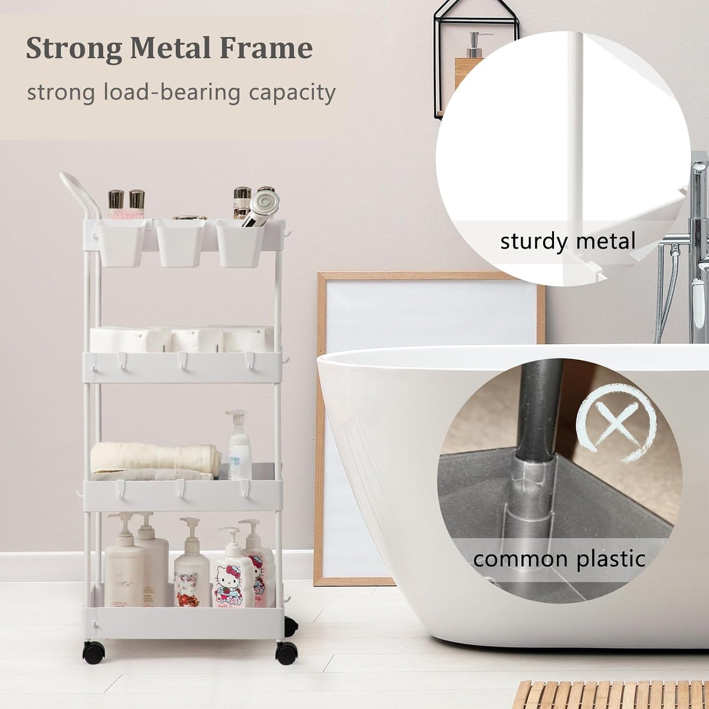 danpinera Storage Cart on Wheels, 3 Tier Slim Laundry with Wheels Bathroom Organizer with Hanging Cups Hooks Dividers Handle Mobile Rolling Art Cart for Bathroom Kitchen Narrow Places, White
