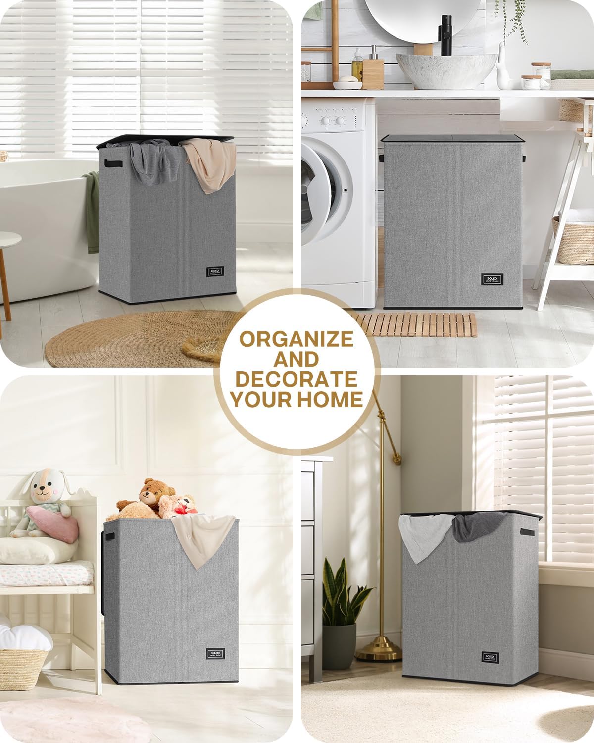 SOLEDI Luxury Double Laundry Hamper with Lid and Removable Bags, 38.3 Gal Large Laundry Bin, Laundry Basket 2 Sections, Collapsible Clothes Hamper for Bedroom, Laundry Room, Bathroom, Off-white