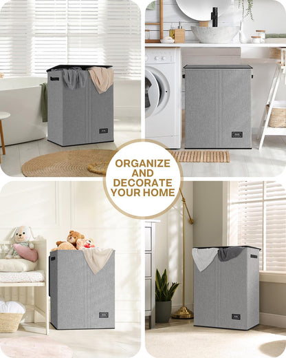 SOLEDI Luxury Double Laundry Hamper with Lid and Removable Bags, 38.3 Gal Large Laundry Bin, Laundry Basket 2 Sections, Collapsible Clothes Hamper for Bedroom, Laundry Room, Bathroom, Off-white