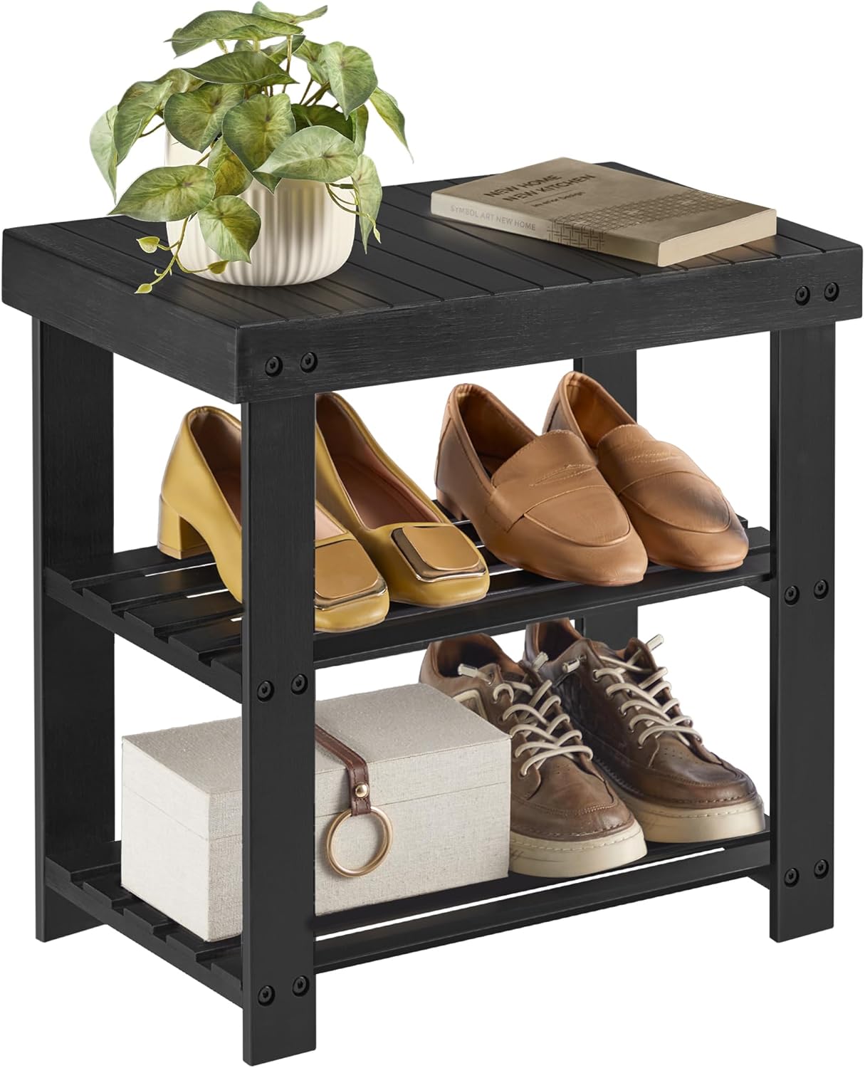 SONGMICS Shoe Rack Bench, 3-Tier Bamboo Shoe Storage Organizer, Entryway Bench, Holds Up to 286 lb, 11.3 x 27.6 x 17.8 Inches, for Entryway Bathroom Bedroom, Ink Black ULBS04H