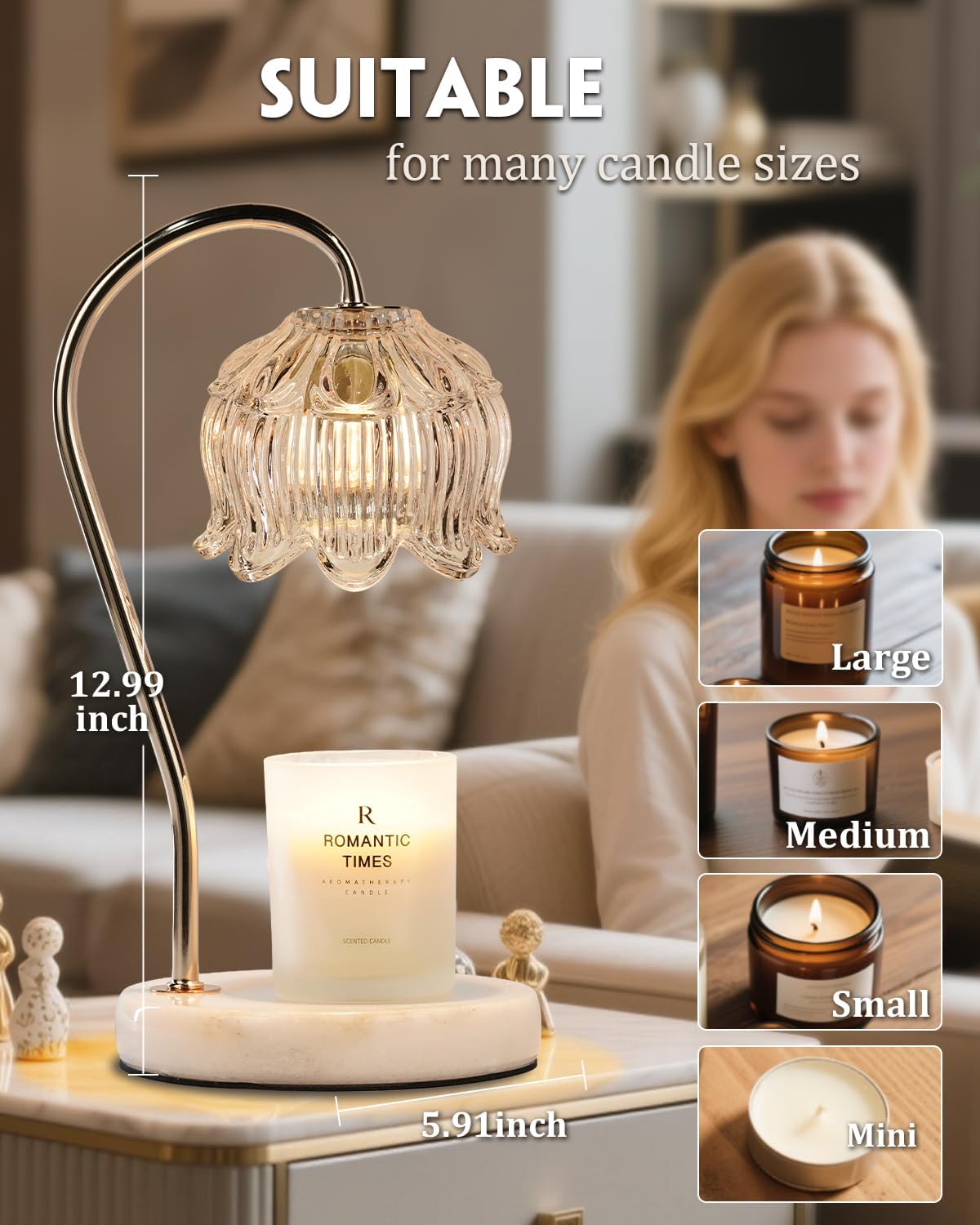 Funistree Flower Candle Warmer Lamp with Timer & Dimmer, Adjustable Height Candle Warmer, Christmas Birthday Gifts for Women Mom, House Warming New Home Decor, Wax Warmer with 2 Bulbs for Jar Candles