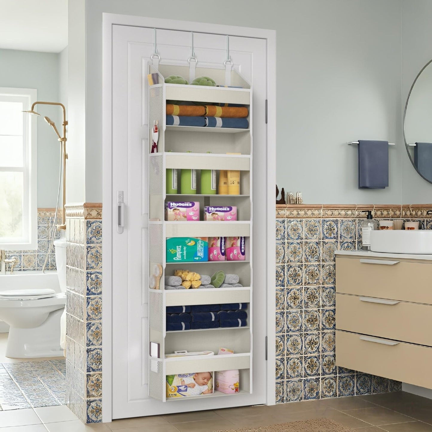 Over the Door Organizer with 5 Front & 10 MeshSide Pockets, 50LB Capacity Extra Large Nursery & Bathroom Hanging Storage Organizer Multi-Room Space-Saving Designwith 3 Hook for Kitchen, Pantry,Grey