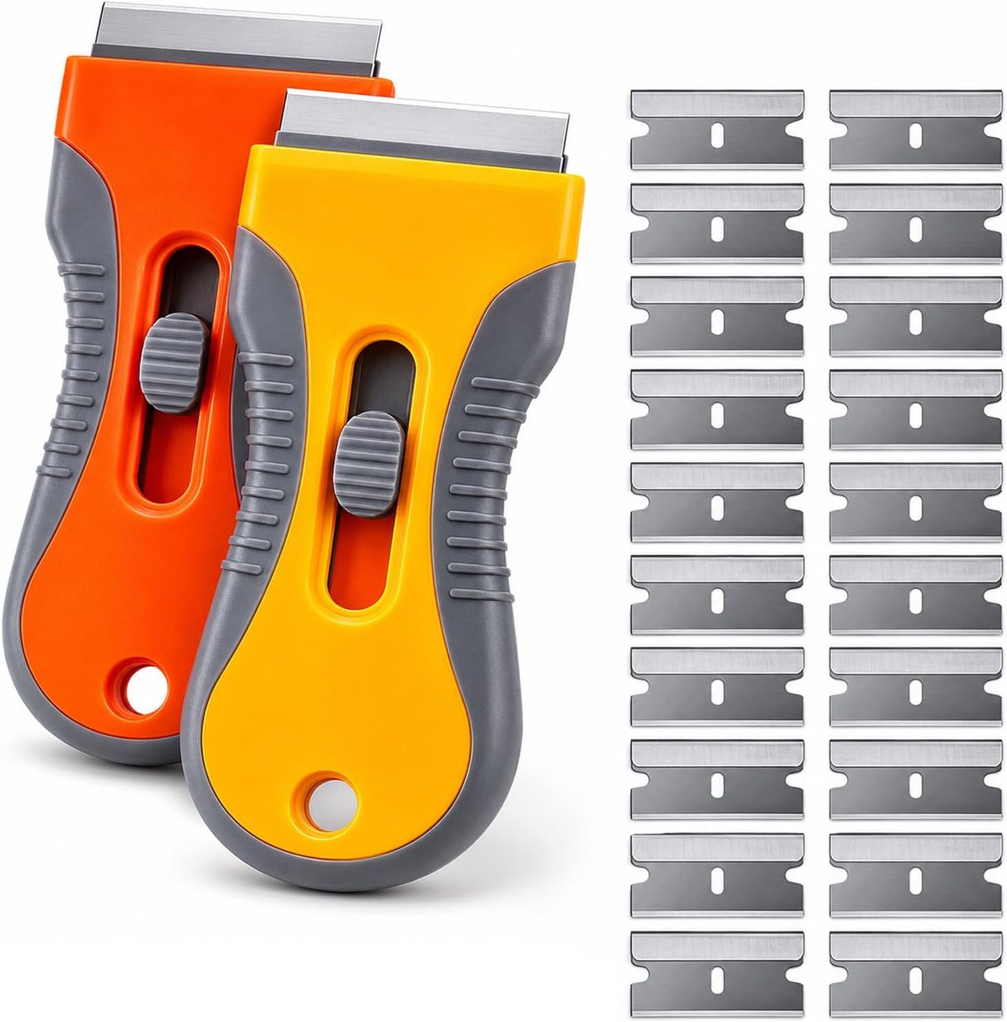 Razor Blade Scraper Set, 2 Safety-Lock Handles + 20 Steel Blades | Steel Blades Retract into Plastic Handles, Removes Stickers, Labels, Paint, Caulk and Residue From Windows, Cooktops and Tile