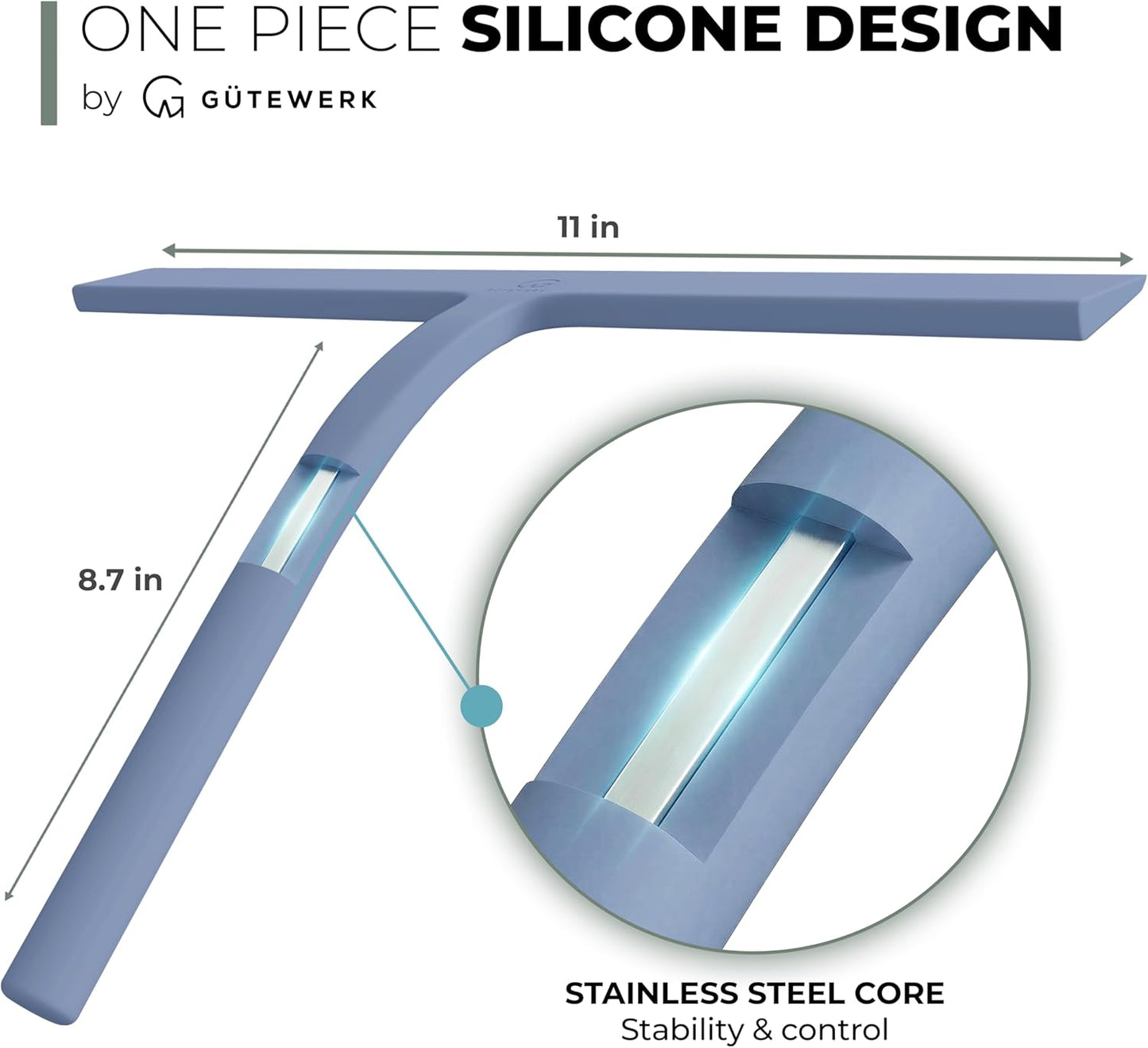 GÜTEWERK Silicone Shower Squeegee for Glass Doors & Mirrors with Stainless Steel Core, Streak-Free & No-Squeak Window Cleaning, 3-in-1 No-Drill Mount (Hook/Suction/Adhesive),White, 9 Inches