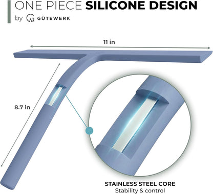 GÜTEWERK Silicone Shower Squeegee for Glass Doors & Mirrors with Stainless Steel Core, Streak-Free & No-Squeak Window Cleaning, 3-in-1 No-Drill Mount (Hook/Suction/Adhesive),White, 9 Inches