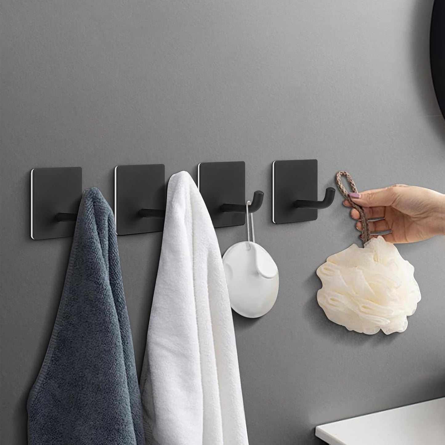Livabber Adhesive Towel Hooks, 304 Stainless Steel Self Sticky Wall Hooks Waterproof Shower Hooks for Robe/Clothes, No Drilling Towel Hangers for Bathroom Kitchen Bedroom (Brushed Nickel, 6 Packs)