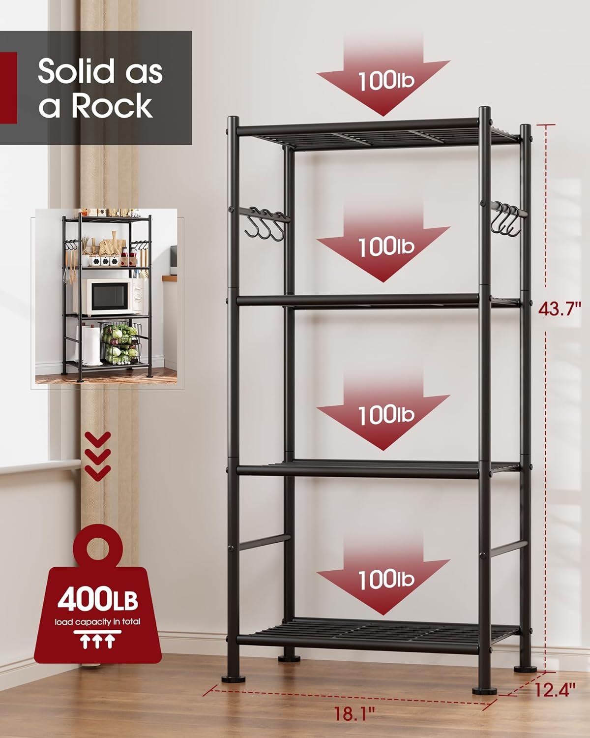 Sakugi Storage Shelves - 5-Tier Large Capacity Shelf Organizer with Hooks, Heavy-Duty Garage Shelving with Leveling Feet, Wobble-Free Rack for Bedroom, Balcony, Garage, 18.1"×12.4"×56.8", Black