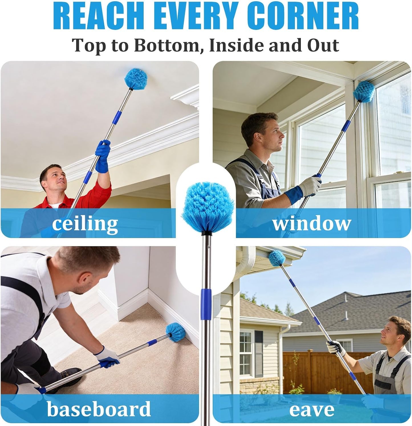 Cobweb Duster with Extension Pole - 6 FT Lightweight Stainless Steel Extendable Duster Ceiling Fan Duster for High Ceilings, Medium Stiff PET Bristle Spider Web Brush for Indoor/Outdoor Cleaning