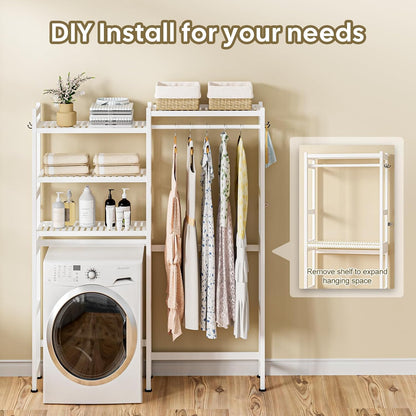 Cozivolife Over The Washer and Dryer Storage Shelf Bamboo,5 Tiers Laundry Room Drying Rack with Adjustable Shelves and 4 Hooks,Space Saver Organizer for Hanging Clothes and Towels (White)