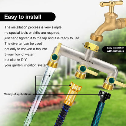 Heavy Duty Brass Garden Hose Splitter, 2-Way Faucet Splitter with 2 Extended Metal Handles, Outdoor Hose Splitter, GHT 3/4-Inch Heavy Duty Hex Female Inlet and 3/4-Inch Male Outlet, Nickel Plated