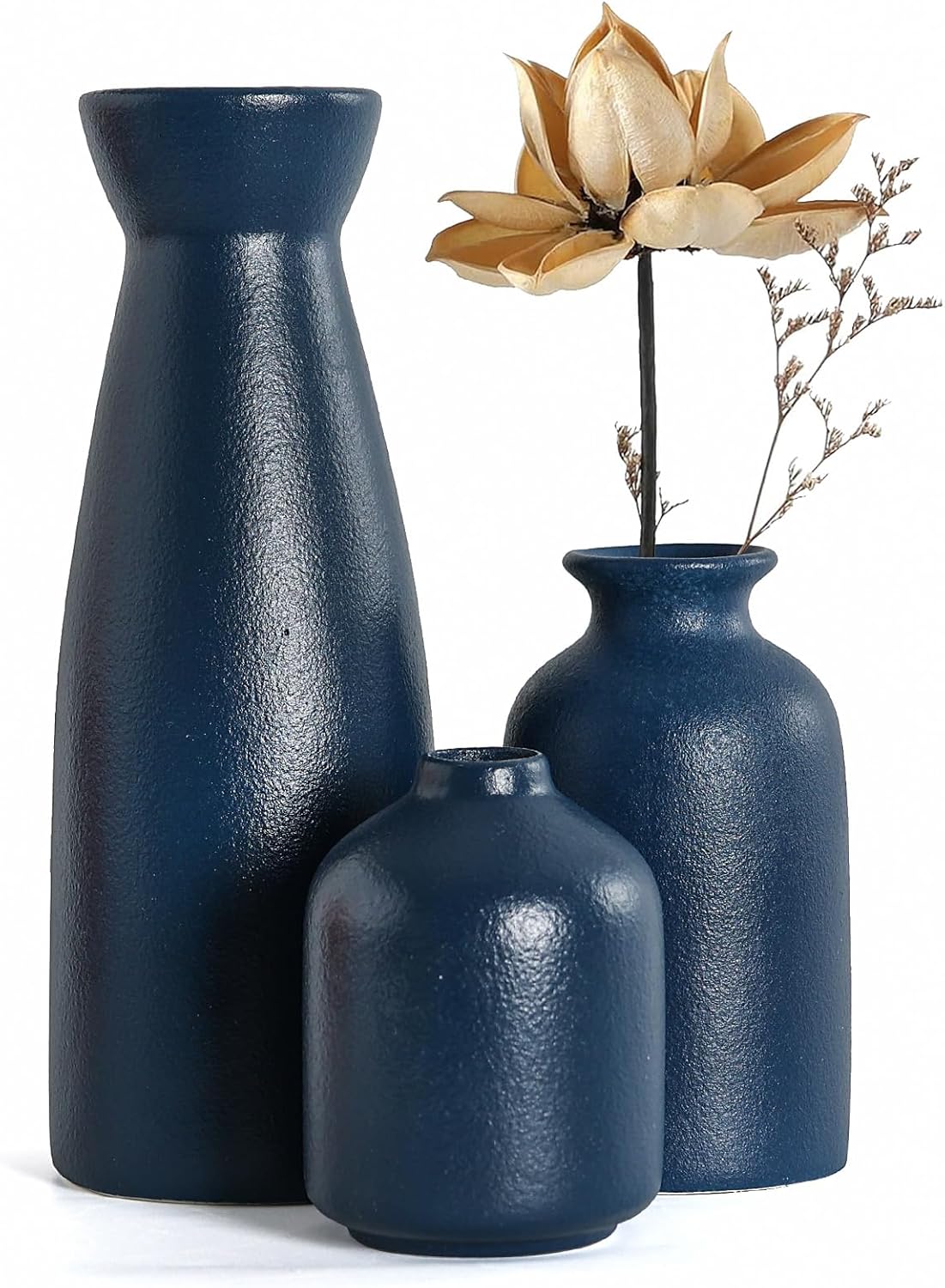 CEMABT Beige Ceramic vase Set-3 Small Flower vases for Decor,Modern Boho Farmhouse Home Decor,Decorative vase for Pampas Grass&Dried Flowers,idea Shelf,Table,Bookshelf ，Entryway- Distressed