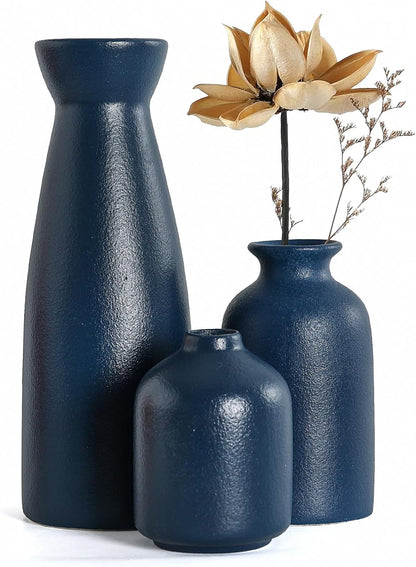 CEMABT Beige Ceramic vase Set-3 Small Flower vases for Decor,Modern Boho Farmhouse Home Decor,Decorative vase for Pampas Grass&Dried Flowers,idea Shelf,Table,Bookshelf ，Entryway- Distressed