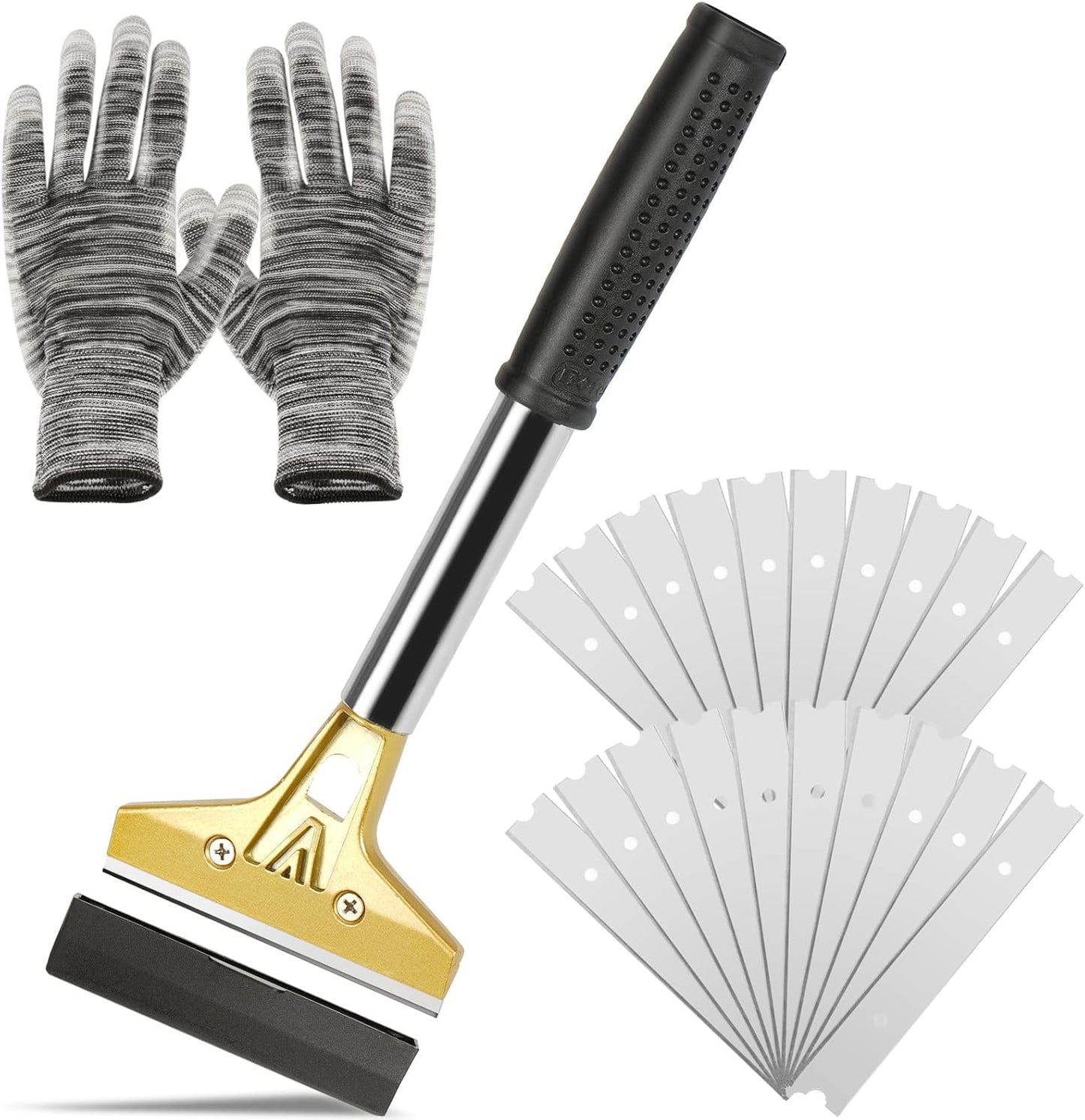 Razor Blade Scraper,Floor Scraper Tool with 20PCS Extra Blades,Paint Scraper Ideal for Cleaning Stove Top,Windows,Glass,Tiles,Wall,Labels.(4 in,Metal) | Heavy-duty,Reinforced aluminum alloy head with a steel shaft