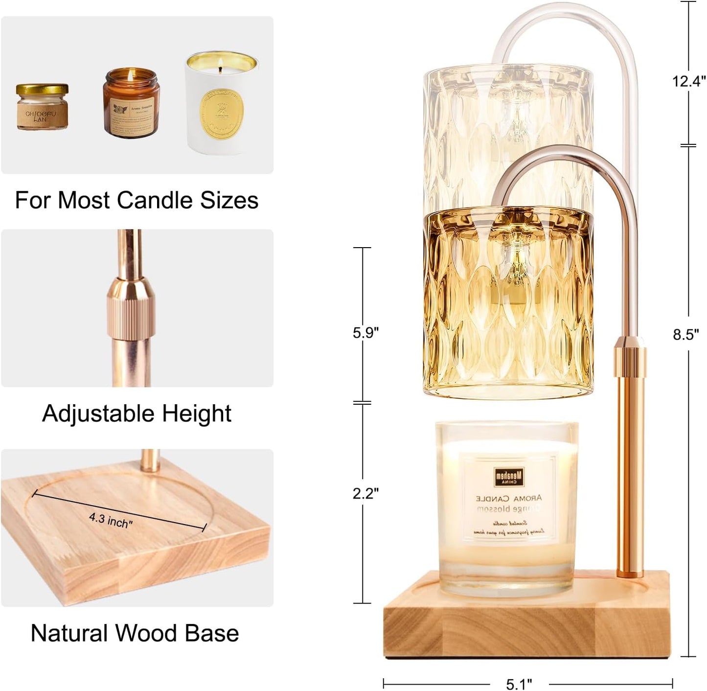 Candle Warmer Lamp with Timer & Dimmer, Candle Warmer Height Adjustable, Fits All Jar Scented Candles, Candle Lamp with 3 Bulbs, Charming Gift Box with Ribbon for Gifting