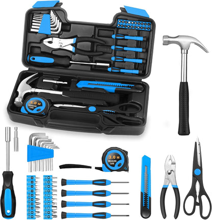 HANGYING 39-Piece Basic Household Tool Set with Toolbox Storage Case, Blue | Basic Home Tool Kit, Small Hand Tool Kit, General Home Repair, for Home Garage, Office, College Dormitory, Daily DIY Use