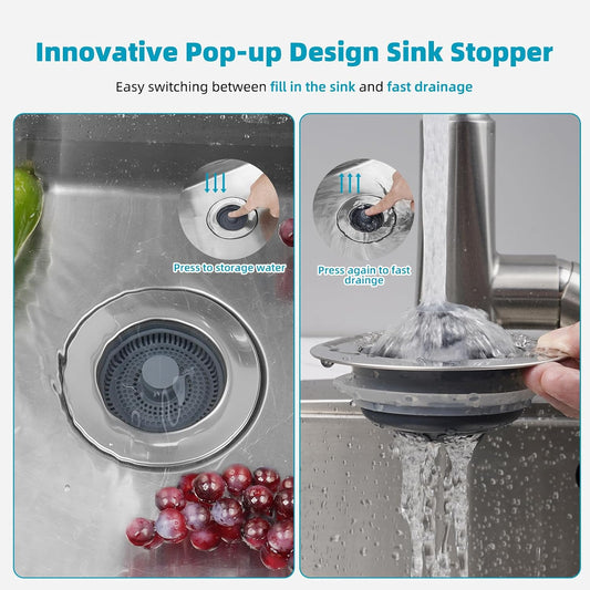 Hibbent 3 in 1 Kitchen Sink Drain Strainer, Stainless Steel Wrapped Shell Drain Stopper Combo, Pop Up Sink Stopper, 3 Anti-Clogging Basket Strainer with Foldable Handle for US Standard 3-1/2" Drain