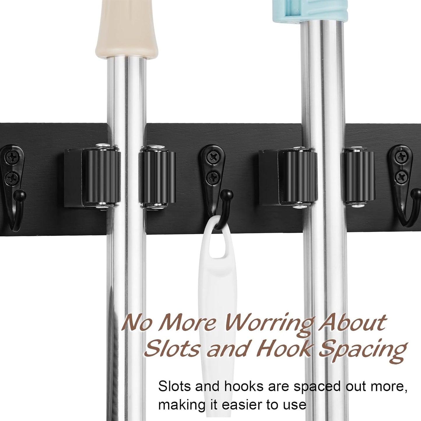 OUTNILI Mop and Broom Holder Wall Mount - Wood Broom Mop Hanger - Wall Mounted Garden Tool Rack Organizer for Closet Garage Laundry Room for Rustic Kitchen Decor With 5 Slots & 4 Hooks