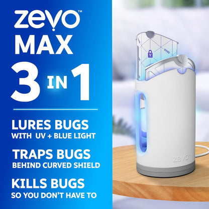 Zevo MAX Bug Catcher & Fly Trap for Indoors - Flying Insect Trap for Gnats, House & Fruit Flies - Use in Any Room - No-Mess Disposal (1 Plug in Base & 2 Cartridges)